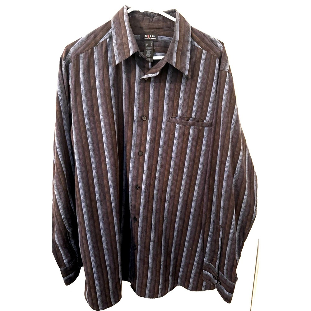 Axcess Claiborne Mens XL Button Up Shirt Brown Blue Stripe Long Sleeve Pocket
